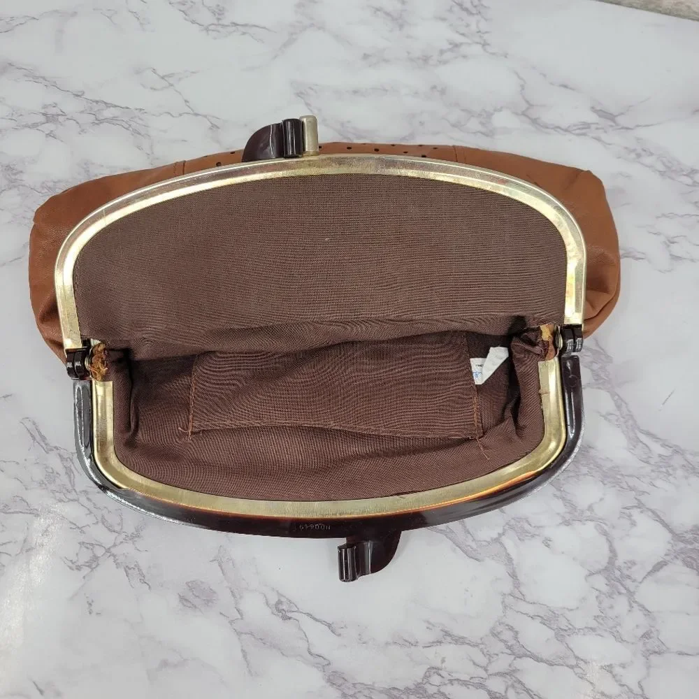John Wind 70s Vintage Brown Perforated Leather Clutch Framed Kisslock Kiss Lock